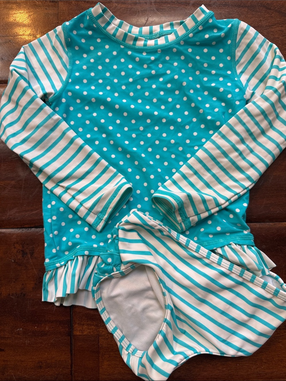 Ruffle Butts Turquoise & White Polka Dot and Stripe Rashguard Swim Set
